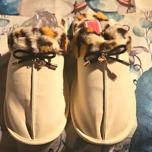 Kate Spade Cream Slippers with Leopard Print and Black Bow